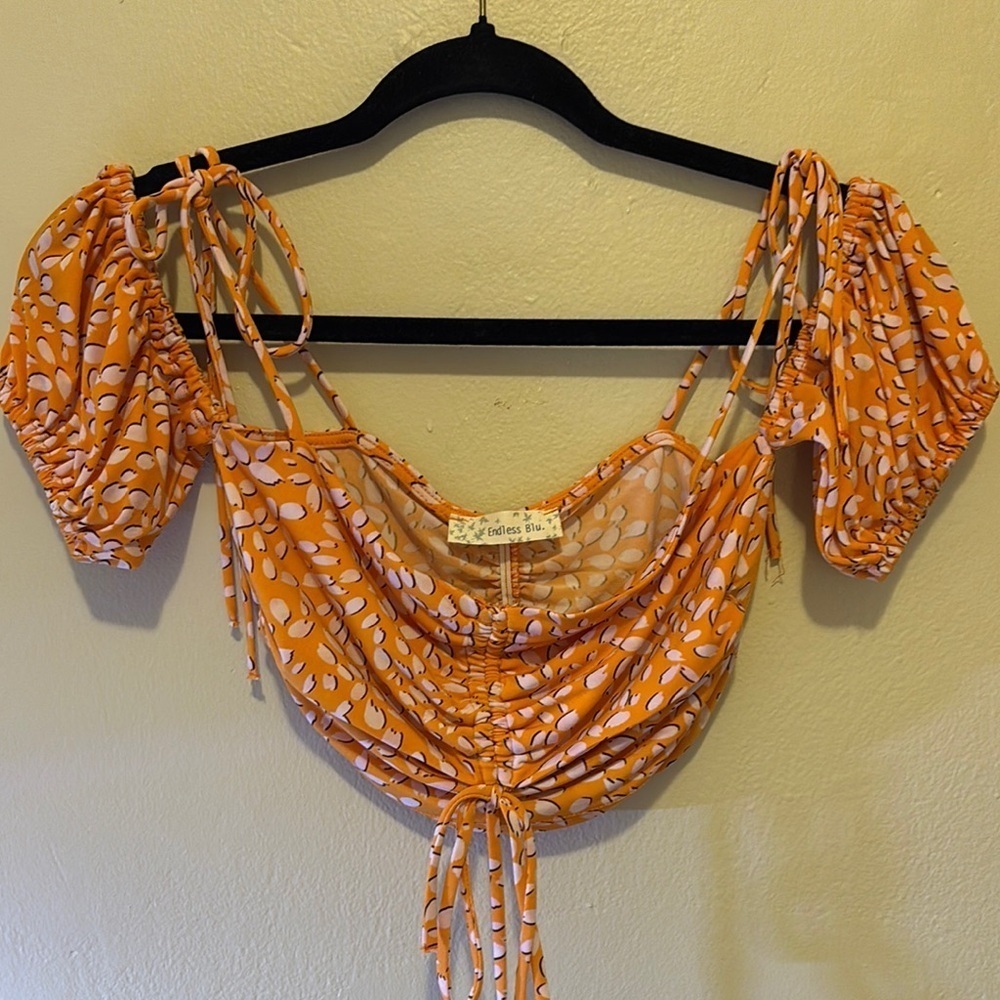 Orange Puff Sleeve Ruched Tie Front Blouse